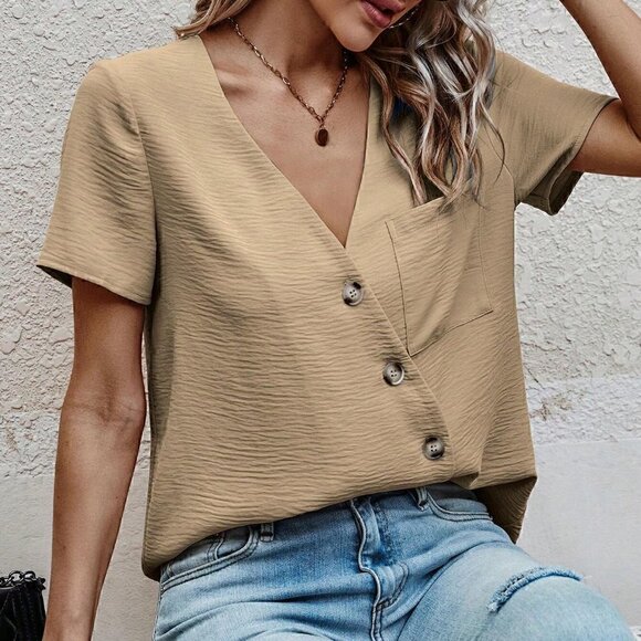 Khaki Womens Casual Solid Button Front Pocket Patched Blouse - Picture 4 of 6